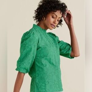 Soft Surroundings Green Eyelet Floral Balloon Sleeve Button-Down Top Large